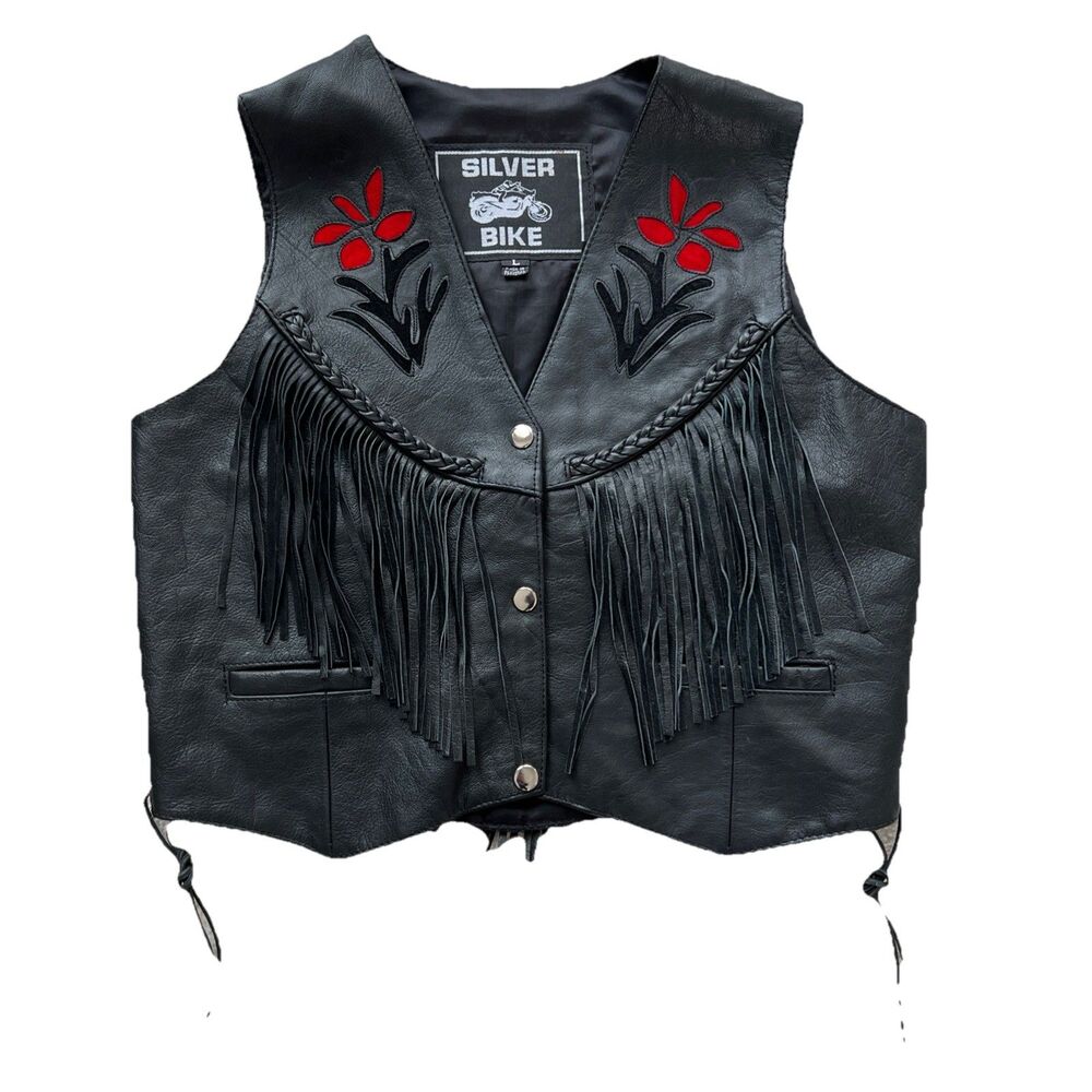 Silver Bike Leather Motorcycle Vest Red Floral Fringe Jacket L Festival Read